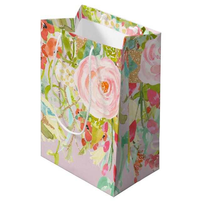 Sac Cadeau Moyen Aquarelle florale rose de jardin (Devant Angle)
