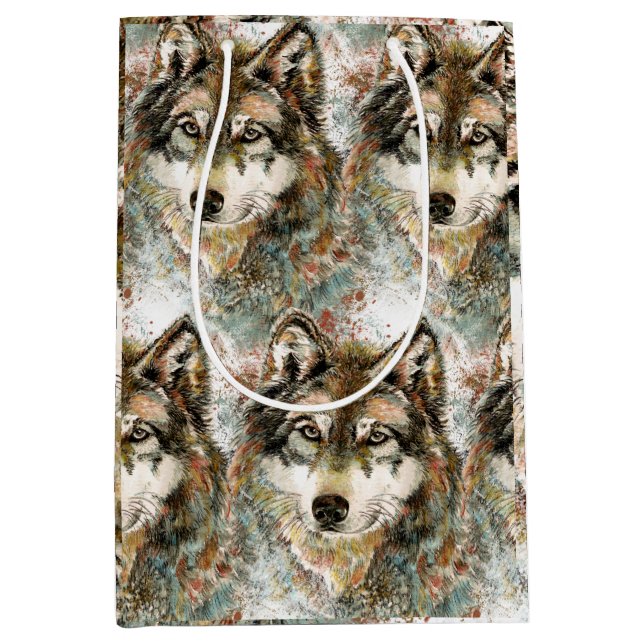 Sac Cadeau Moyen Aquarelle Gris Loup Faune Animal Nature Art (Devant)