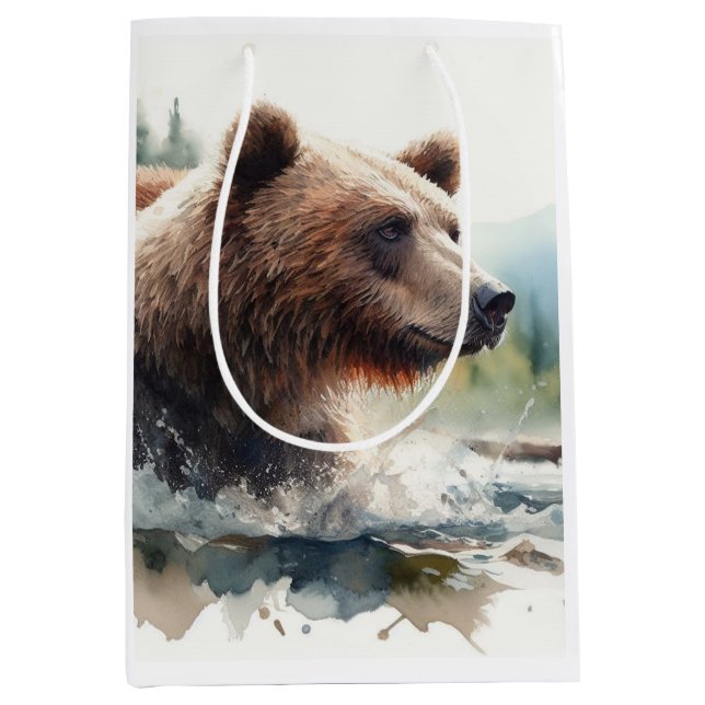Sac Cadeau Moyen Aquarelle Grizzli Ours Faune Nature Art (Devant)