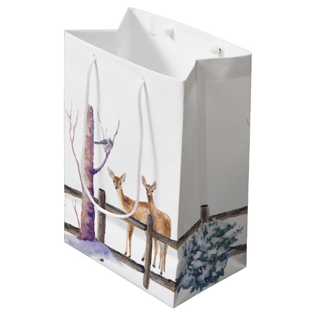 Sac Cadeau Moyen Aquarelle Hiver Faune Oiseaux Scène de neige (Devant Angle)