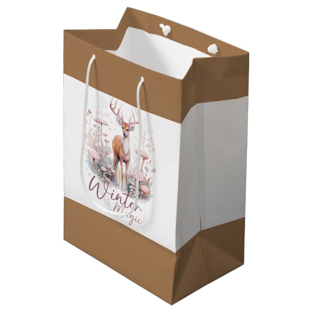Sac Cadeau Moyen Aquarelle Hiver Magique Cerf (Devant Angle)