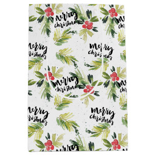 Sac Cadeau Moyen Aquarelle Holly et verdure d'hiver Noël