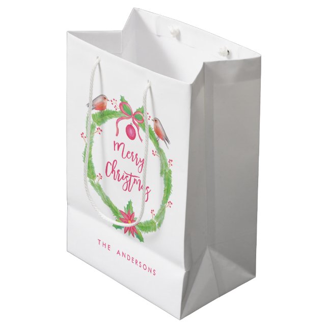 Sac Cadeau Moyen Aquarelle Holly Wreath "Joyeux Noël" (Devant Angle)