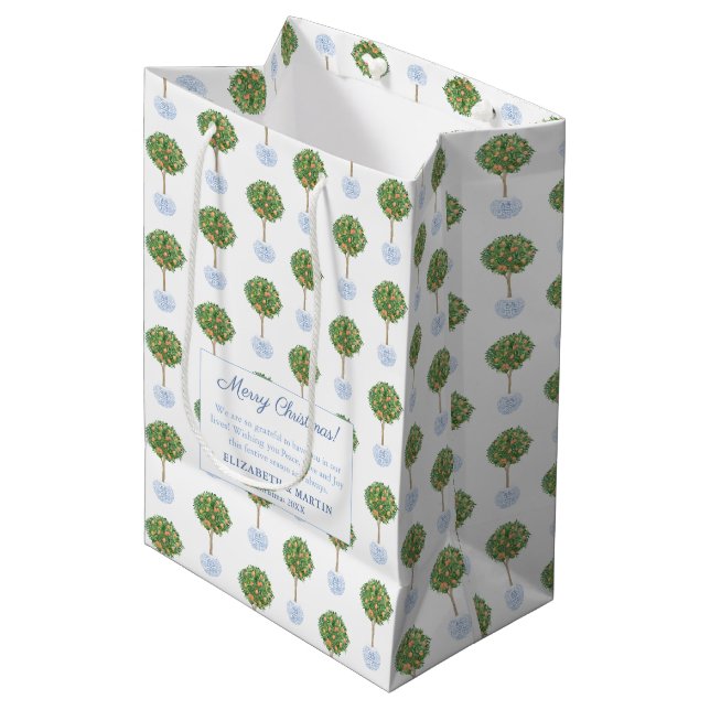 Sac Cadeau Moyen Aquarelle Joyeuses Vacances Citrus Orange Tree (Devant Angle)