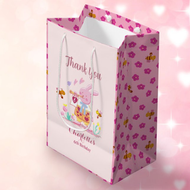 Sac Cadeau Moyen Aquarelle lapin rose dans l'anniversaire de enfant (Créateur téléchargé)