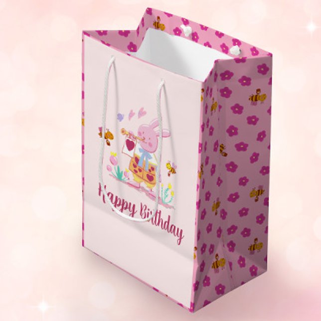 Sac Cadeau Moyen Aquarelle lapin rose dans le jardin anniversaire (Créateur téléchargé)