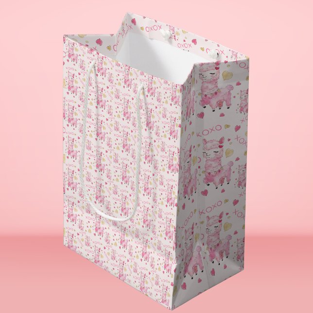 Sac Cadeau Moyen Aquarelle Llama rose XOXO (Créateur téléchargé)