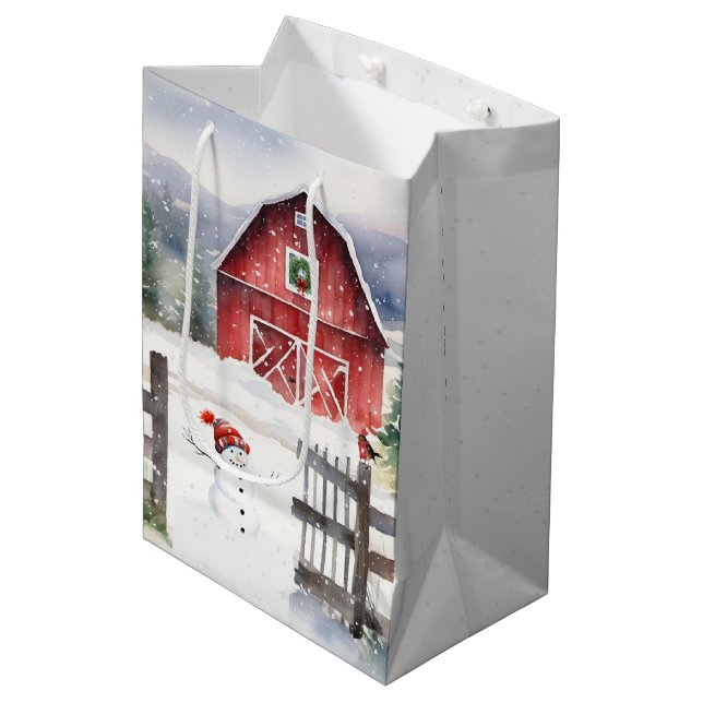 Sac Cadeau Moyen Aquarelle Noël Grange avec Snowman (Devant Angle)