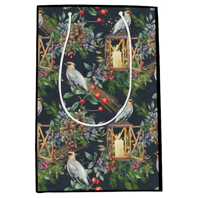 Sac Cadeau Moyen Aquarelle Oiseau et design lanterne Noël (Devant)
