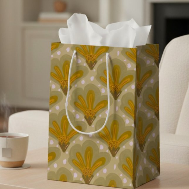 Sac Cadeau Moyen Aquarelle or (Fits any occasion. Cute but chic painted golden flowers with dots.)