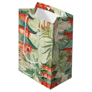 Sac Cadeau Moyen Aquarelle Pagode asiatique dans paysage verdoyant