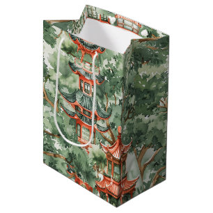 Sac Cadeau Moyen Aquarelle Pagode asiatique dans paysage verdoyant