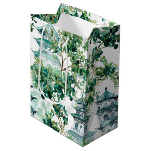 Sac Cadeau Moyen Aquarelle Pagode asiatique dans paysage verdoyant