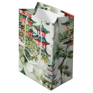 Sac Cadeau Moyen Aquarelle Pagode asiatique dans paysage verdoyant