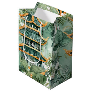 Sac Cadeau Moyen Aquarelle Pagode asiatique dans paysage verdoyant