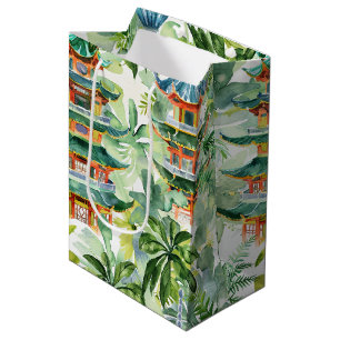 Sac Cadeau Moyen Aquarelle Pagode asiatique dans paysage verdoyant