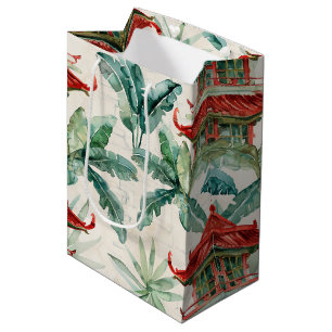 Sac Cadeau Moyen Aquarelle Pagode asiatique dans paysage verdoyant