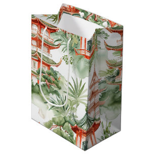 Sac Cadeau Moyen Aquarelle Pagode asiatique dans paysage verdoyant 