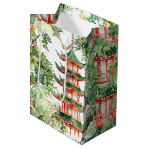 Sac Cadeau Moyen Aquarelle Pagode asiatique dans paysage verdoyant 
