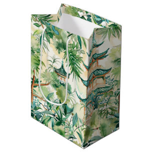 Sac Cadeau Moyen Aquarelle Pagode asiatique dans paysage verdoyant 