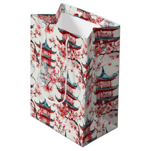 Sac Cadeau Moyen Aquarelle Pagode chinoise avec fleurs de cerisiers