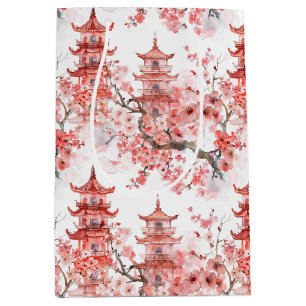 Sac Cadeau Moyen Aquarelle Pagode chinoise avec fleurs de cerisiers