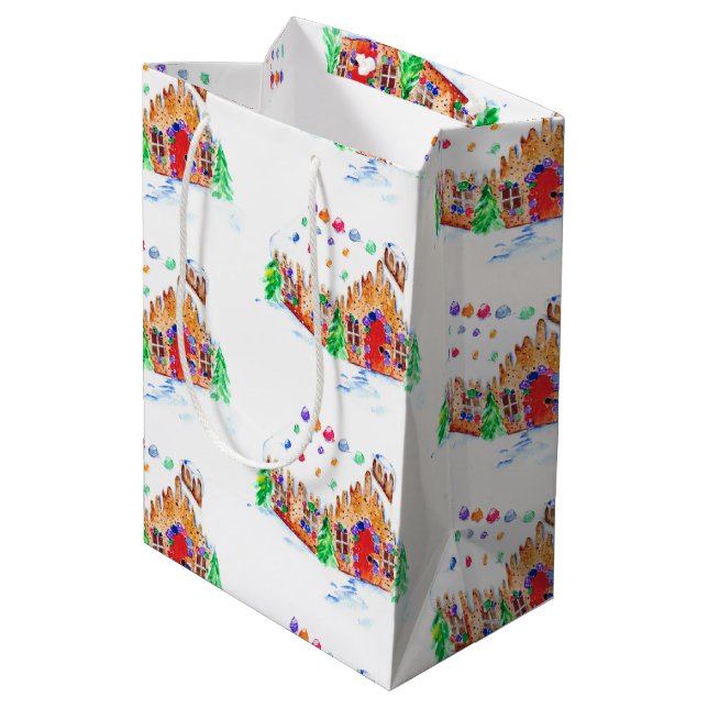 Sac Cadeau Moyen Aquarelle pain d'épices Maison joli Joyeux Noël (Dos Angle)