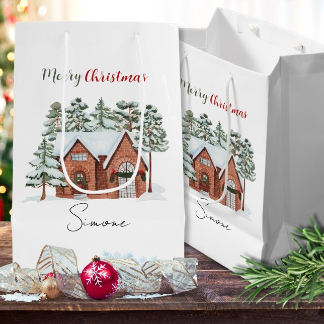 Sac Cadeau Moyen Aquarelle personnalisée Forêt de pins nordique Noë (Créateur téléchargé)