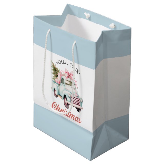 Sac Cadeau Moyen Aquarelle Petite Ville Noël Satin (Devant Angle)