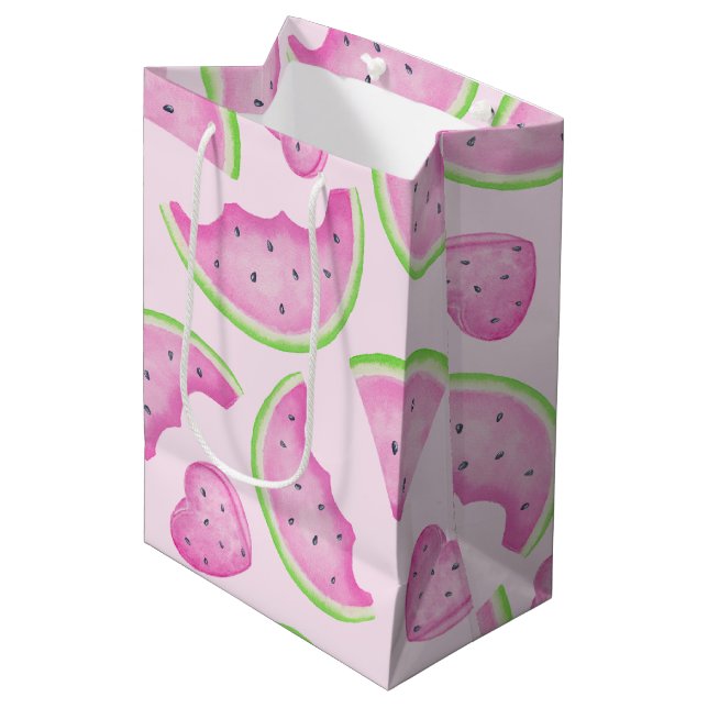 Sac Cadeau Moyen Aquarelle Pink Watermelon Cadeau Anniversaire (Devant Angle)