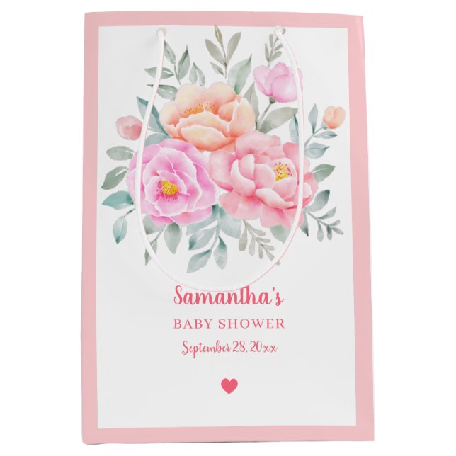 Sac Cadeau Moyen Aquarelle pivoines Rose rose bouquet floral (Devant)