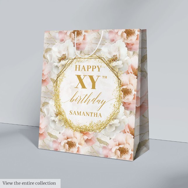Sac Cadeau Moyen Aquarelle rose-bleu rayonnant 50 Cadeau d'annivers (Radiant Blush Pink Watercolor 50 Birthday Gift Bag)
