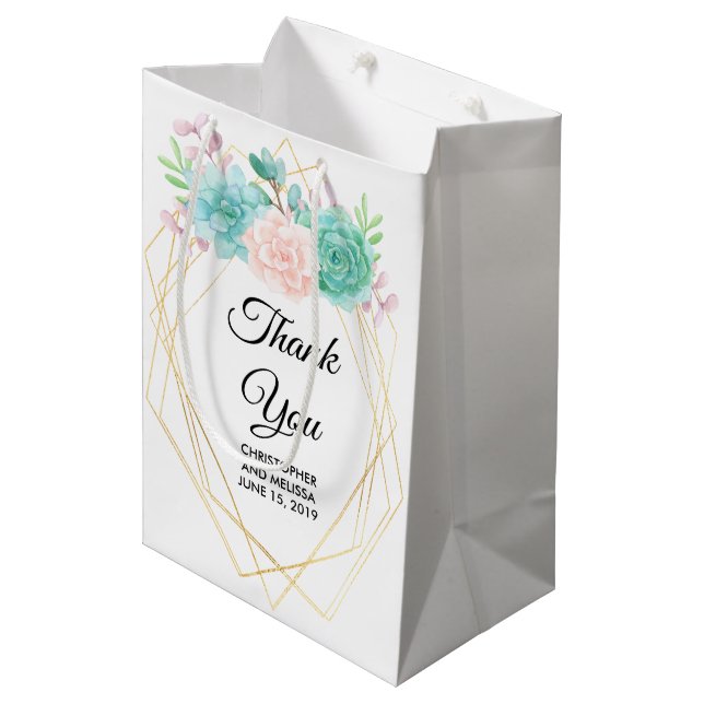 Sac Cadeau Moyen Aquarelle rose et vert moderne Mariage Succulent (Devant Angle)