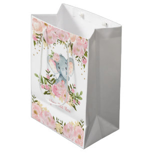 Sac Cadeau Moyen Aquarelle rose féminine de bébé d'éléphant d'