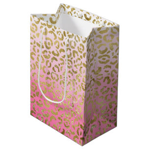 Sac Cadeau Moyen Aquarelle rose léopard d'or