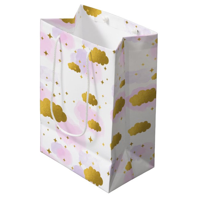 Sac Cadeau Moyen Aquarelle rose Nuages Gold Stars Sky (Devant Angle)