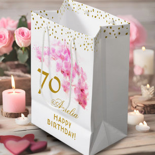 Sac Cadeau Moyen Aquarelle rose orchidée Parties scintillant or 70e