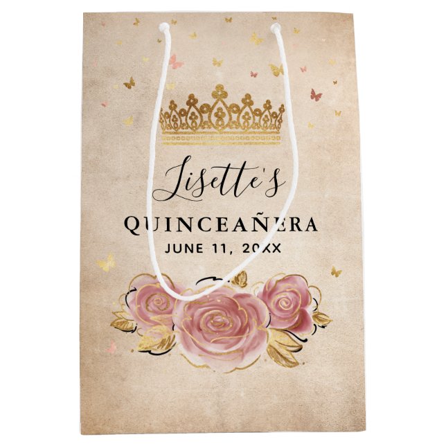 Sac Cadeau Moyen Aquarelle rose pâle Rose or Quinceanera (Devant)