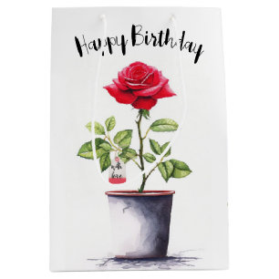 Sac Cadeau Moyen Aquarelle rouge Rose d'anniversaire