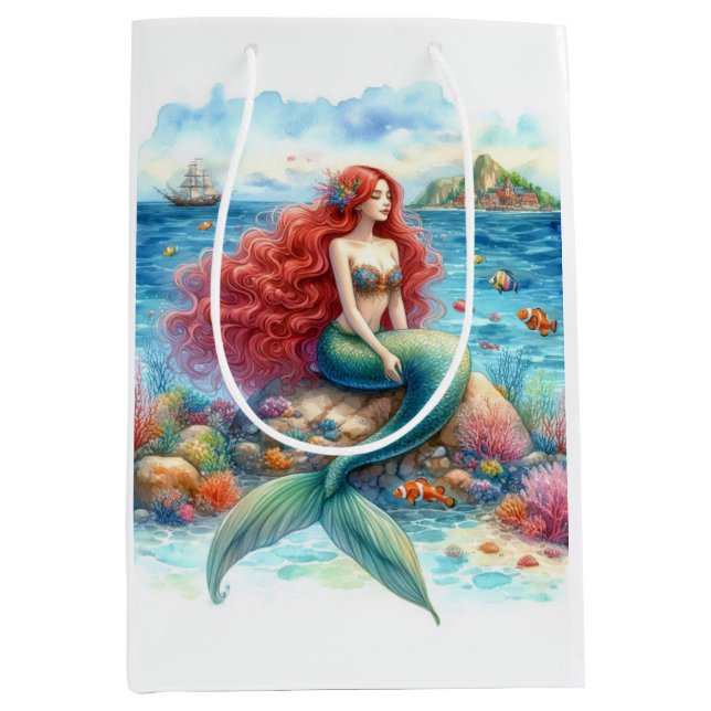 Sac cadeau moyen aquarelle sirène (Devant)