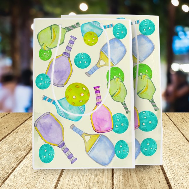 Sac Cadeau Moyen Aquarelle Thème Pickleball Sports Anniversaire (Créateur téléchargé)