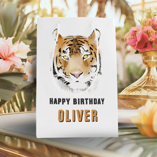 Sac Cadeau Moyen Aquarelle Tiger Head Animal Joyeux Anniversaire