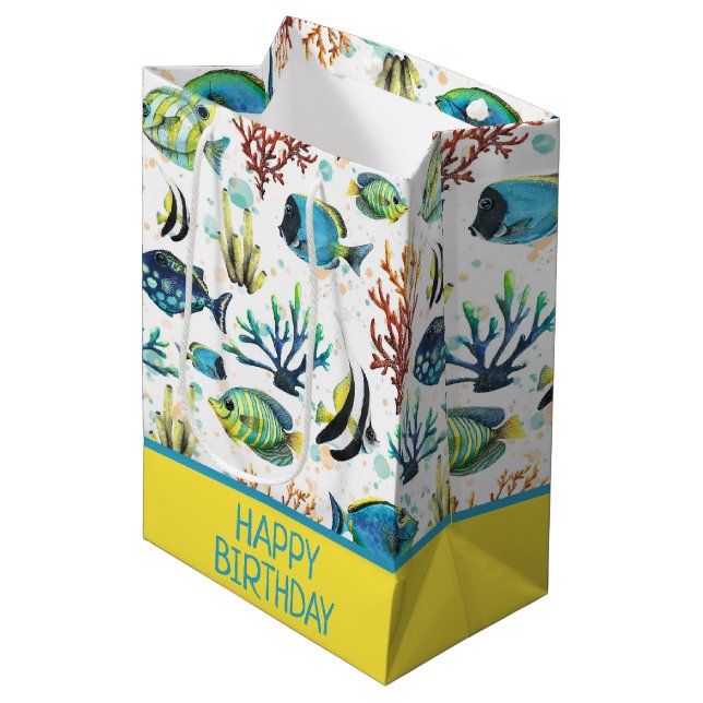 Sac Cadeau Moyen Aquarelle Tropical Fish Personnalisé (Devant Angle)
