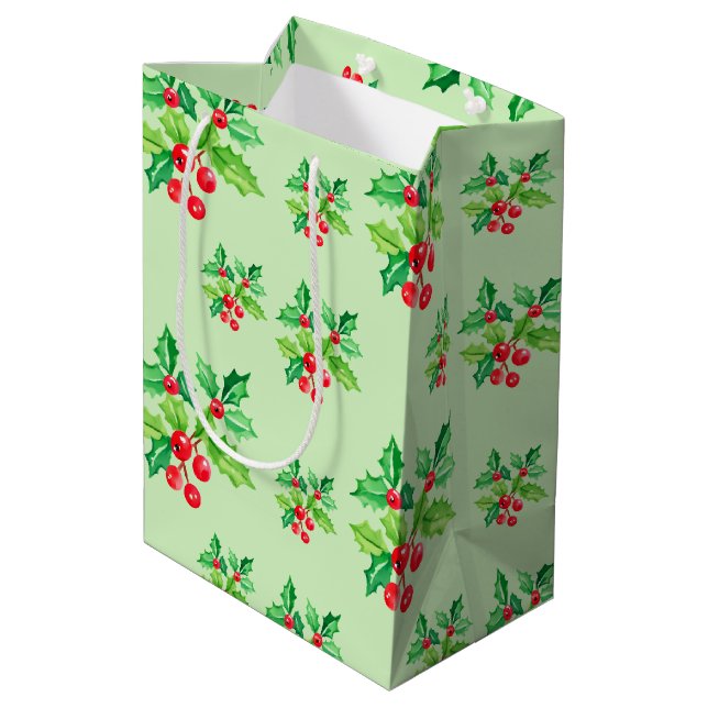 Sac Cadeau Moyen Aquarelle verte simple Holly Berries Xmas Motif (Dos Angle)