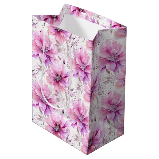 Sac Cadeau Moyen Aquarelle violet rose Motif de printemps (Devant Angle)