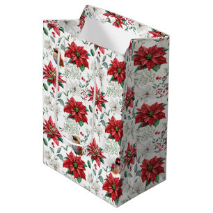 Sac Cadeau Moyen Aquarelles Fleurs de Noël, feuilles, oiseaux
