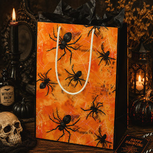 Sac Cadeau Moyen Araignées et toiles d'Halloween orange effrayantes