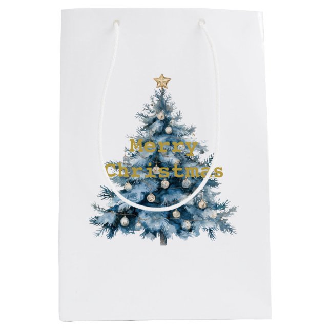 Sac Cadeau Moyen Arbre de Noël bleu hiver Gold Star (Devant)
