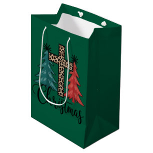 Sac Cadeau Moyen Arbre de Noël chrétien croix léopard