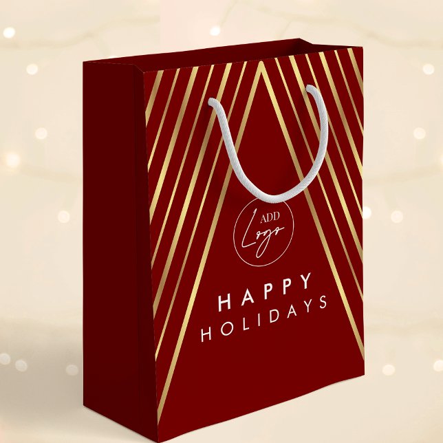 Sac Cadeau Moyen Arbre de Noël Géométrique Rouge et Or Logo d'Entre (Elegant corporate business logo red and gold effects Christmas gift bag)